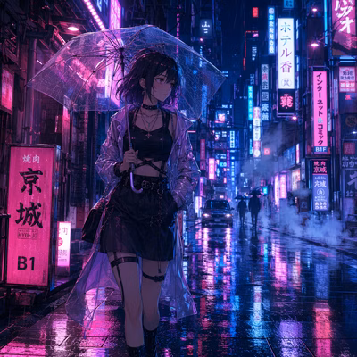 Anime girl walking through a rainy neon ci...